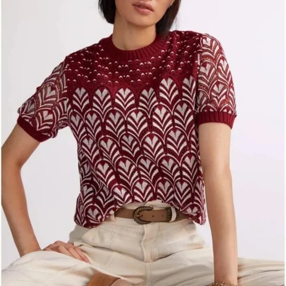 DANIEL RAINN Anthropologie Burgundy Lace Short Sleeve Sweater Small - Picture 1 of 12